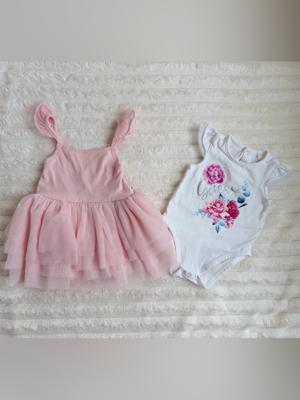 Guess White Floral Logo Onesie &Snug Pink Tulle Dress